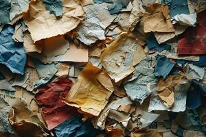 A pile of old paper scraps. Aged notes. Abstract background. Collection and recycling of waste paper. Generated by artificial intelligence photo