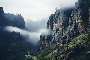 Clouds creep among high rocks. Generated by artificial intelligence photo