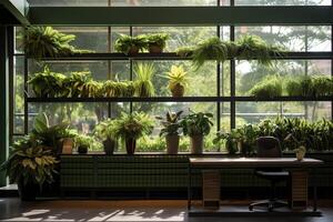 Window sill with green plants in pots in sunlight. Generated by artificial intelligence photo