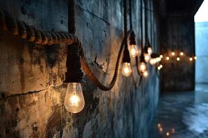 un fila de ligero bombillas colgando en un cuerda en un hormigón pared. generado por artificial inteligencia foto
