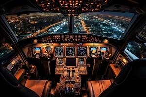 Inside view of an airplane cockpit with a glowing instrument panel. Generated by artificial intelligence photo