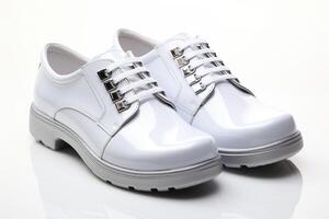 Pair of white lace-up boots on a white background. Generated by artificial intelligence photo