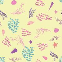 Seamless pattern with starfish, corals, pearls and seashells. background with marine theme. vector