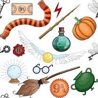 Magic items seamless pattern in flat style. School of Magic. vector