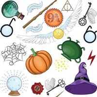 Magic items seamless pattern in flat style. School of Magic. vector