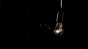 super lento movimento leggero lampadina incidentato con frammenti di bicchiere. su un' nero sfondo. alto qualità FullHD metraggio video