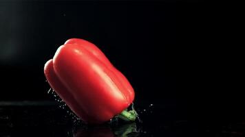 Red sweet peppers fall on the table. On a black background.Filmed is slow motion 1000 frames per second. High quality FullHD footage video