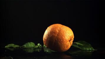 een vers oranje valt Aan de tafel en splitst in twee helften. Aan een zwart achtergrond. gefilmd is langzaam beweging 1000 fps. video