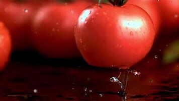 Fresh tomatoes fall on the table with splashes of water. Macro background. Filmed is slow motion 1000 fps. High quality FullHD footage video