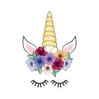 Cute unicorn with floral wreath and gold glitter horn. hand drawn illustration vector