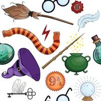 Magic items seamless pattern in flat style. School of Magic. vector