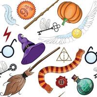 Magic items seamless pattern in flat style. School of Magic. vector