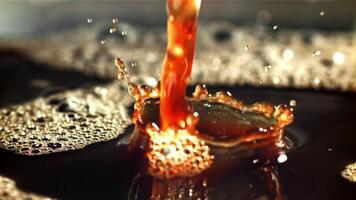 A stream of black coffee with splashes. Filmed on a high-speed camera at 1000 fps. High quality FullHD footage video