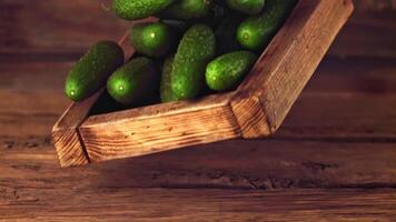 Super slow motion tray with cucumbers falls on the table. On a wooden background. Filmed on a high-speed camera at 1000 fps. High quality FullHD footage video