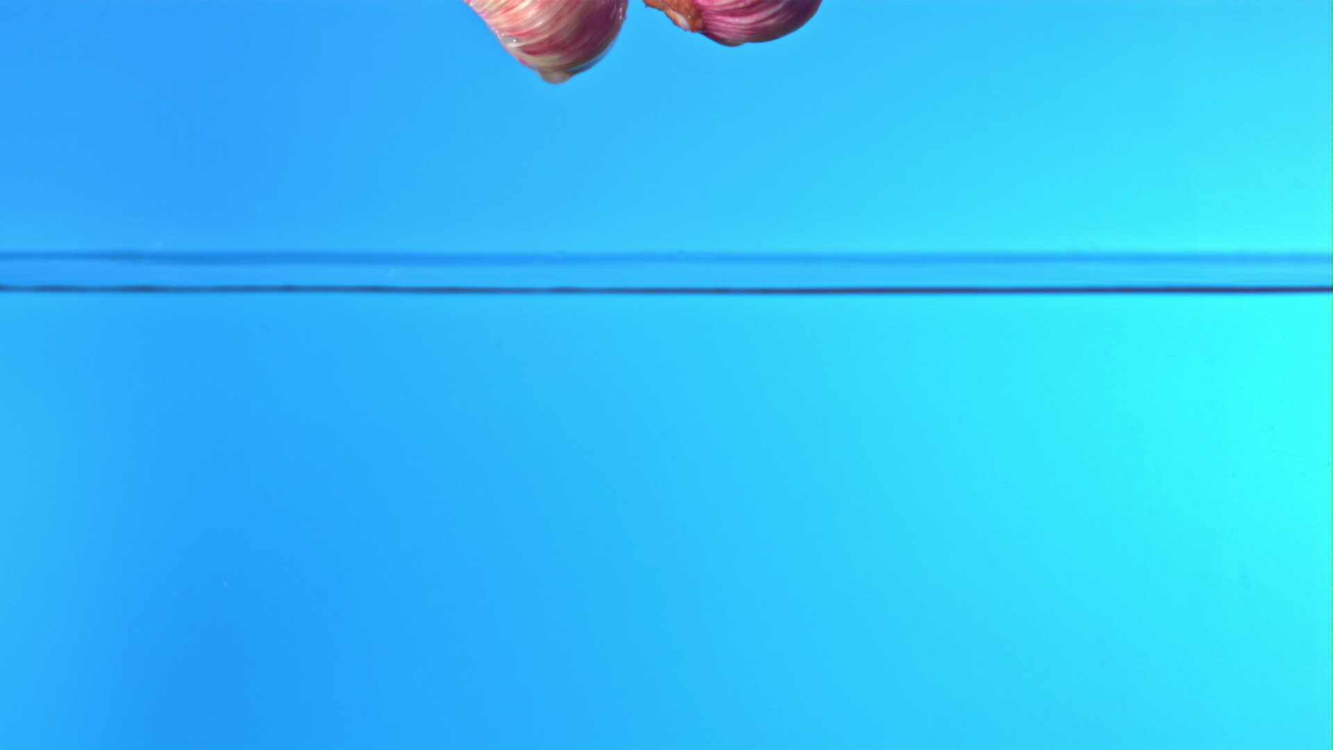 Super slow motion fresh garlic falls into the water with splashes on a