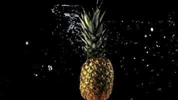 super langzaam beweging vers roterend ananas met water druppels. Aan een zwart achtergrond. gefilmd Aan een hoge snelheid camera Bij 1000 fps. video