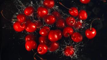 Super slow motion ripe cherry falls into the water with splashes. On a black background.Filmed on a high-speed camera at 1000 fps.Top view video