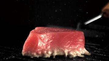 super langzaam beweging vers tonijn steak is gebakken in een frituren pan met een plons van olie. Aan een zwart achtergrond.gefilmd Aan een hoge snelheid camera Bij 1000 fps. video