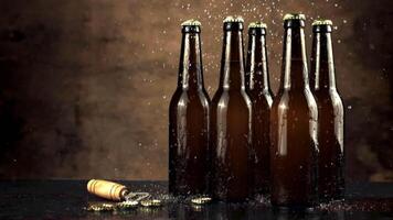 Super slow motion on closed glass beer bottles dripping water. On a brown background. Filmed on a high-speed camera at 1000 fps. video