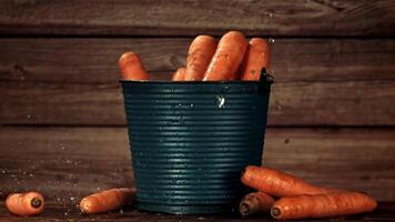 Carrots in a bucket with raindrops. Filmed is slow motion 1000 fps. High quality FullHD footage video