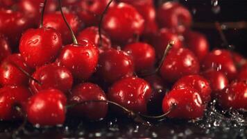 Super slow motion on a pile of cherry dripping water. On a black background. Filmed on a high-speed camera at 1000 fps. video