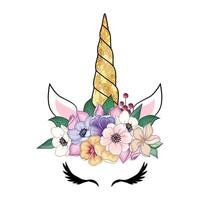 Cute unicorn with floral wreath and gold glitter horn. hand drawn illustration vector