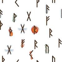 mano dibujado rúnico letras sin costura modelo con elemental simbolos magia señales y símbolos de escandinavo cultura vector