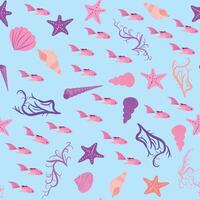 Seamless pattern with starfish, corals, pearls and seashells. background with marine theme. vector