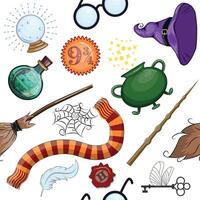 Magic items seamless pattern in flat style. School of Magic. vector