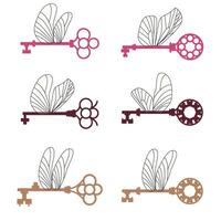 Vintage flat illustration with a set of cartoon keys. Collection of antique keys with wings. Home Security vector
