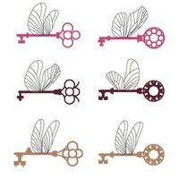 Vintage flat illustration with a set of cartoon keys. Collection of antique keys with wings. Home Security vector