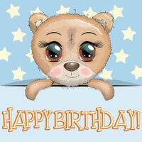 Happy birthday cards with animals. Cute hero with beautiful eyes vector