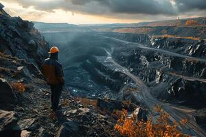 A worker in a hard hat stands near a coal mine. Mining concept. Environmental pollution. photo