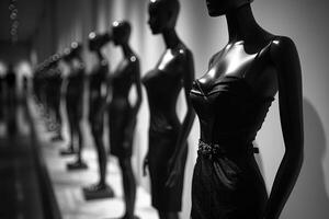 Luxurious fashionable black evening dresses on black mannequins standing in a row. Black and white image. Generated by artificial intelligence photo