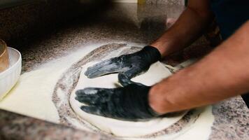 Pizza Chef Making The Gluten Free Dough On The Marble Of Italian Pizzeria video