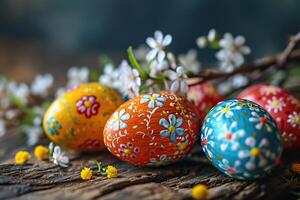 Beautiful decorated Easter eggs on a blue wooden surface. Easter composition, top view. photo