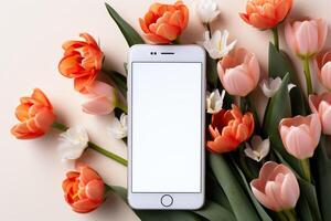 Smartphone mockup with tulips. Smartphone screen mockup on white background for presentation or app design. photo