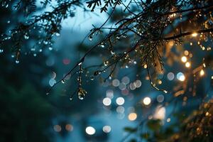 Raindrops on a branch with bokeh background. Generated by artificial intelligence photo