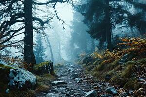 Rocky path in a beautiful foggy mystical forest. Generated by artificial intelligence photo
