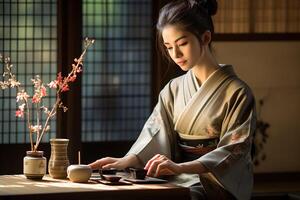 A young beautiful Chinese woman is preparing a tea ceremony. Generated by artificial intelligence photo