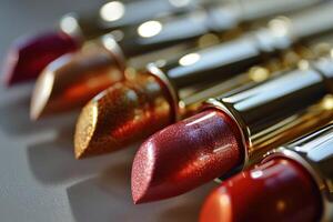 A set of lipsticks in a gold case with a blur. Generated by artificial intelligence photo