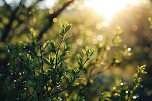 Green tree leaves in sunlight with bokeh in the background. Generated by artificial intelligence photo