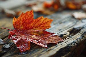 Red maple leaves on a wood background. Generated by artificial intelligence photo