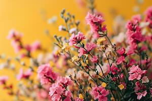 Branches blooming with pink flowers on a yellow background. Generated by artificial intelligence photo