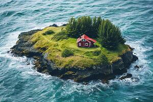 A traditional red Scandinavian fisherman's house on a small island in the middle of the ocean. Generated by artificial intelligence photo