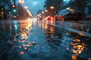 Close-up of wet asphalt on the roadway with headlights in the evening and with bokeh background. Generated by artificial intelligence photo