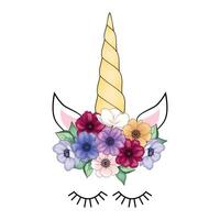 Cute unicorn with floral wreath and gold glitter horn. hand drawn illustration vector