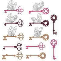 Vintage flat illustration with a set of cartoon keys. Collection of antique keys with wings. Home Security vector