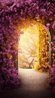 Enchanting Flower Tunnel With Illuminated Exit. . photo