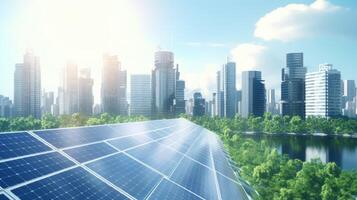 Solar Panel With City Skyline. . photo